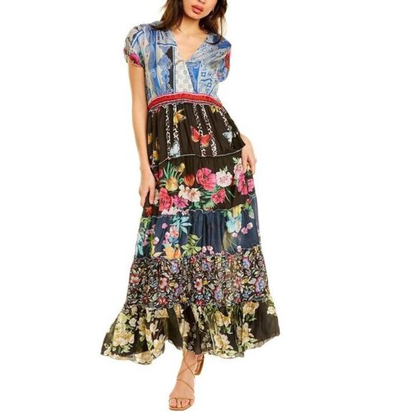 Johnny Was 100% Silk Peteri Maxi Dress Floral Paisley V-Neck Patchwork Ruffle - Picture 1 of 13